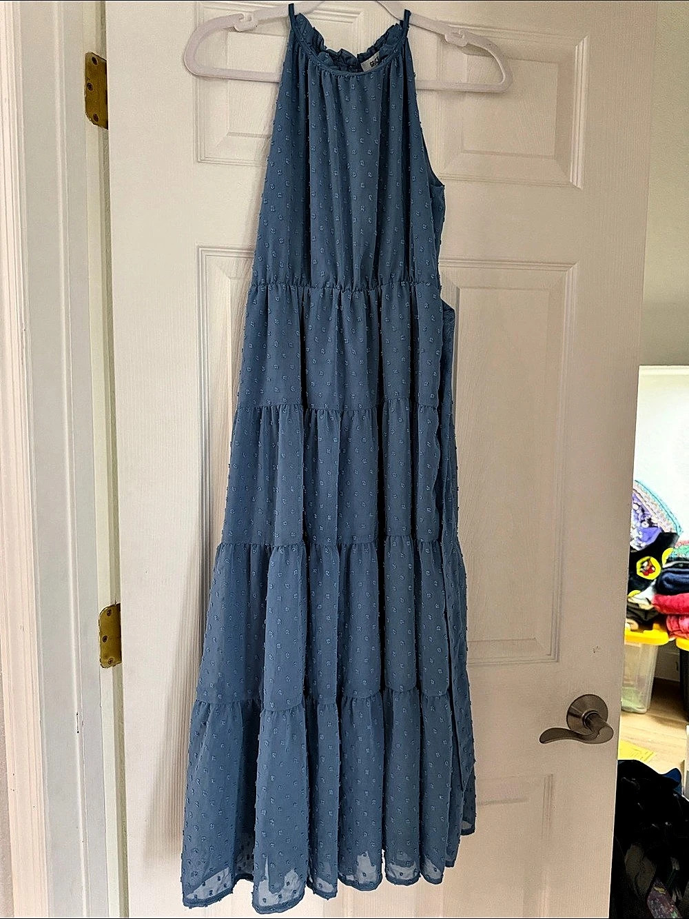 Grace Karin Halter Neck Tiered Swiss Dot Maxi Dress Blue size 14 Girls